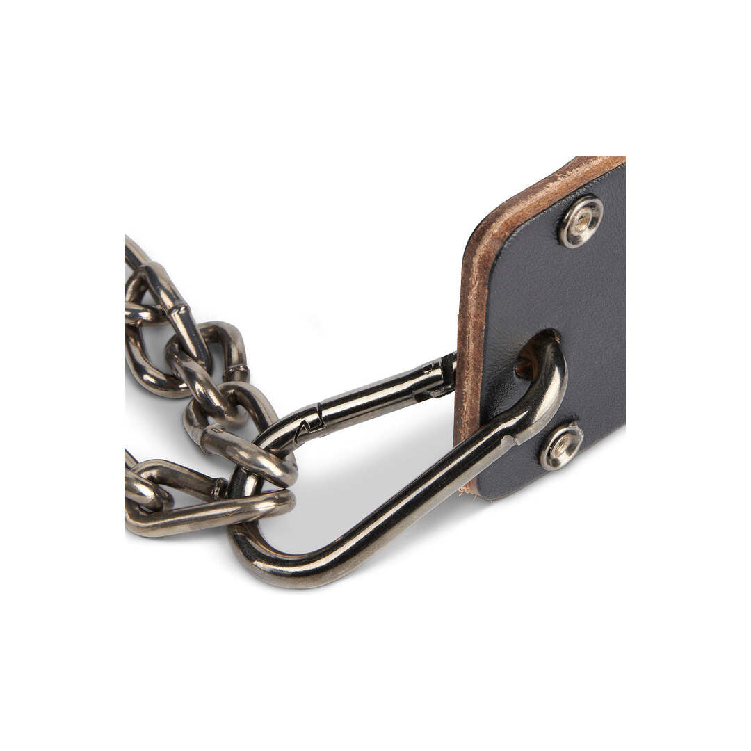 Harbinger Dip Belt Attachment chain and carabiner close-up