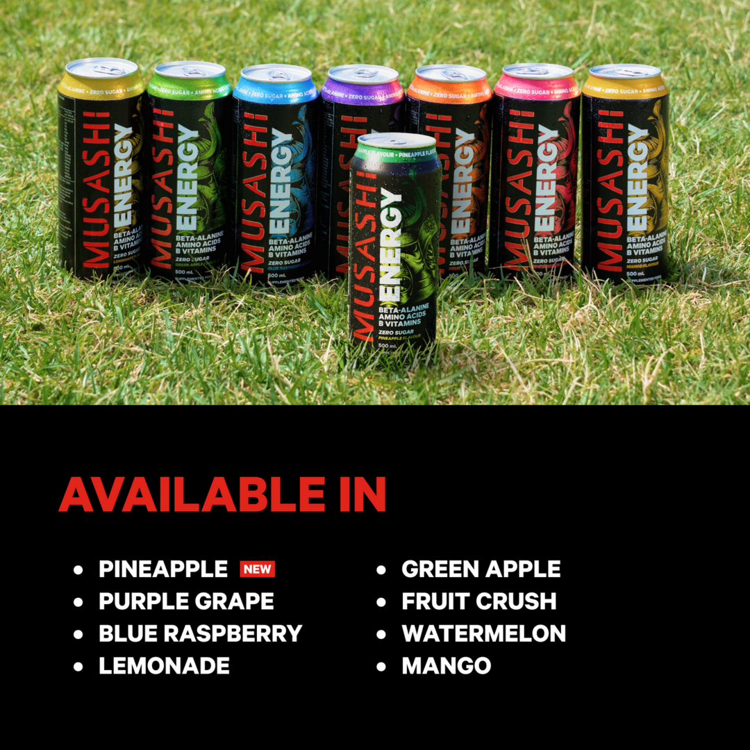 Musashi Energy Drink 500ml full flavour range including Pineapple