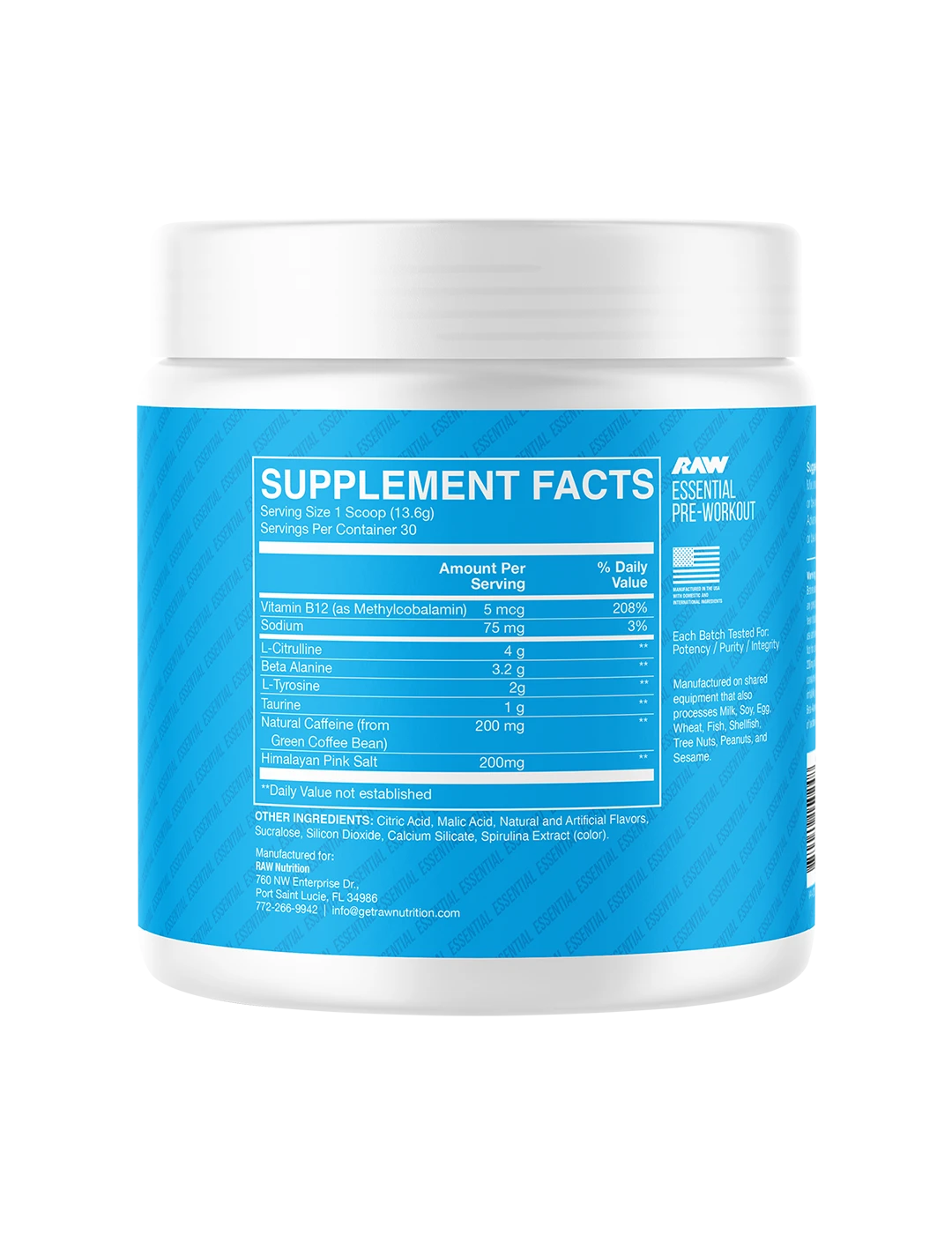 RAW Essential Pre-Workout Blue Raspberry supplement facts