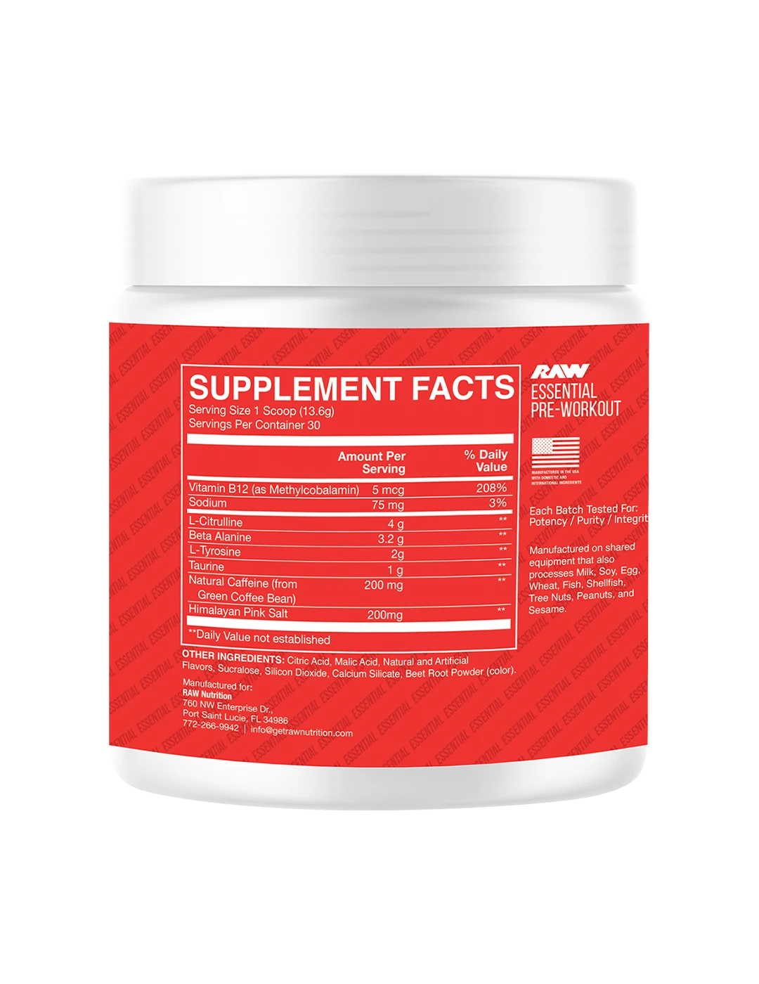 RAW Essential Pre-Workout Fruit Burst supplement facts