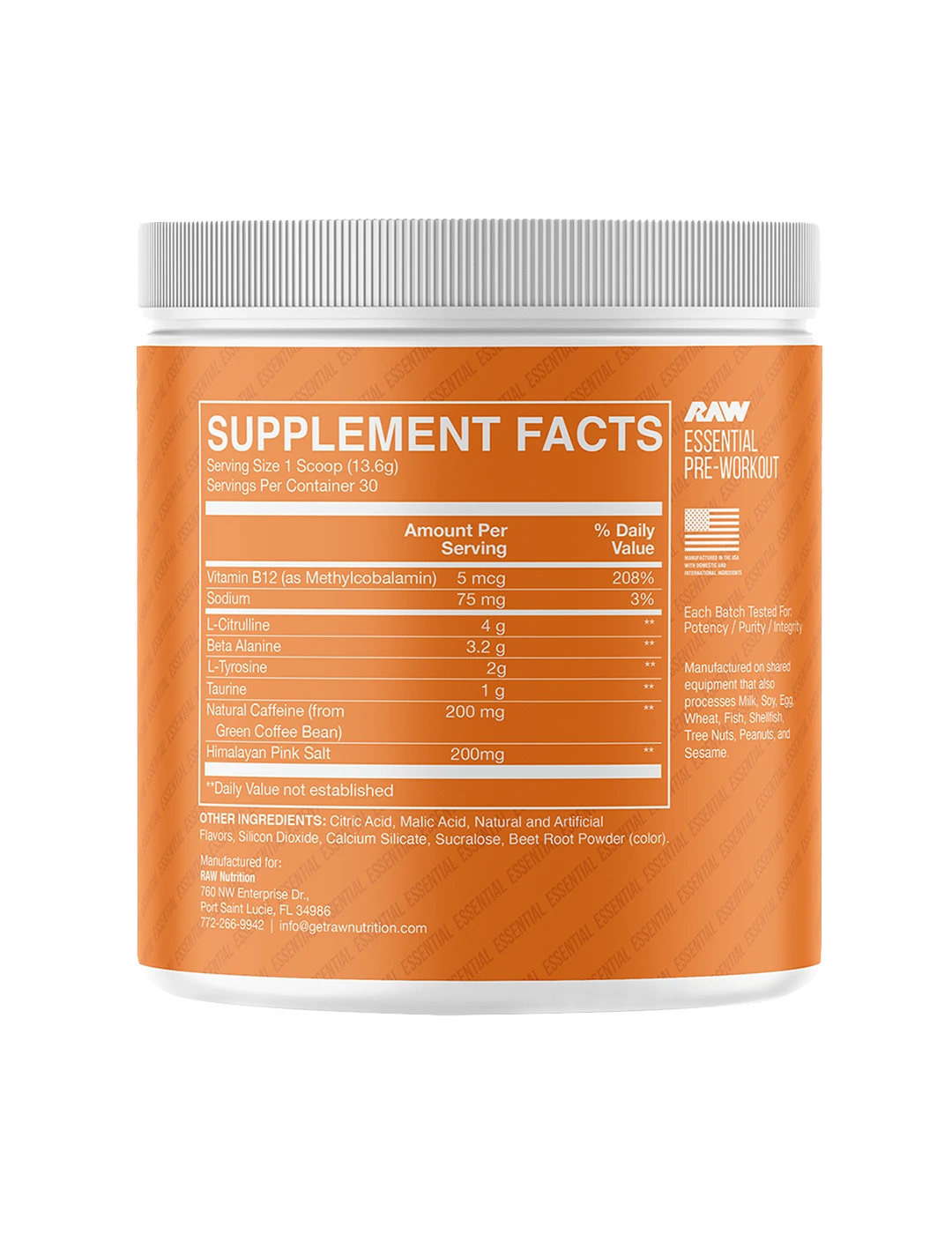 RAW Essential Pre-Workout Orange supplement facts
