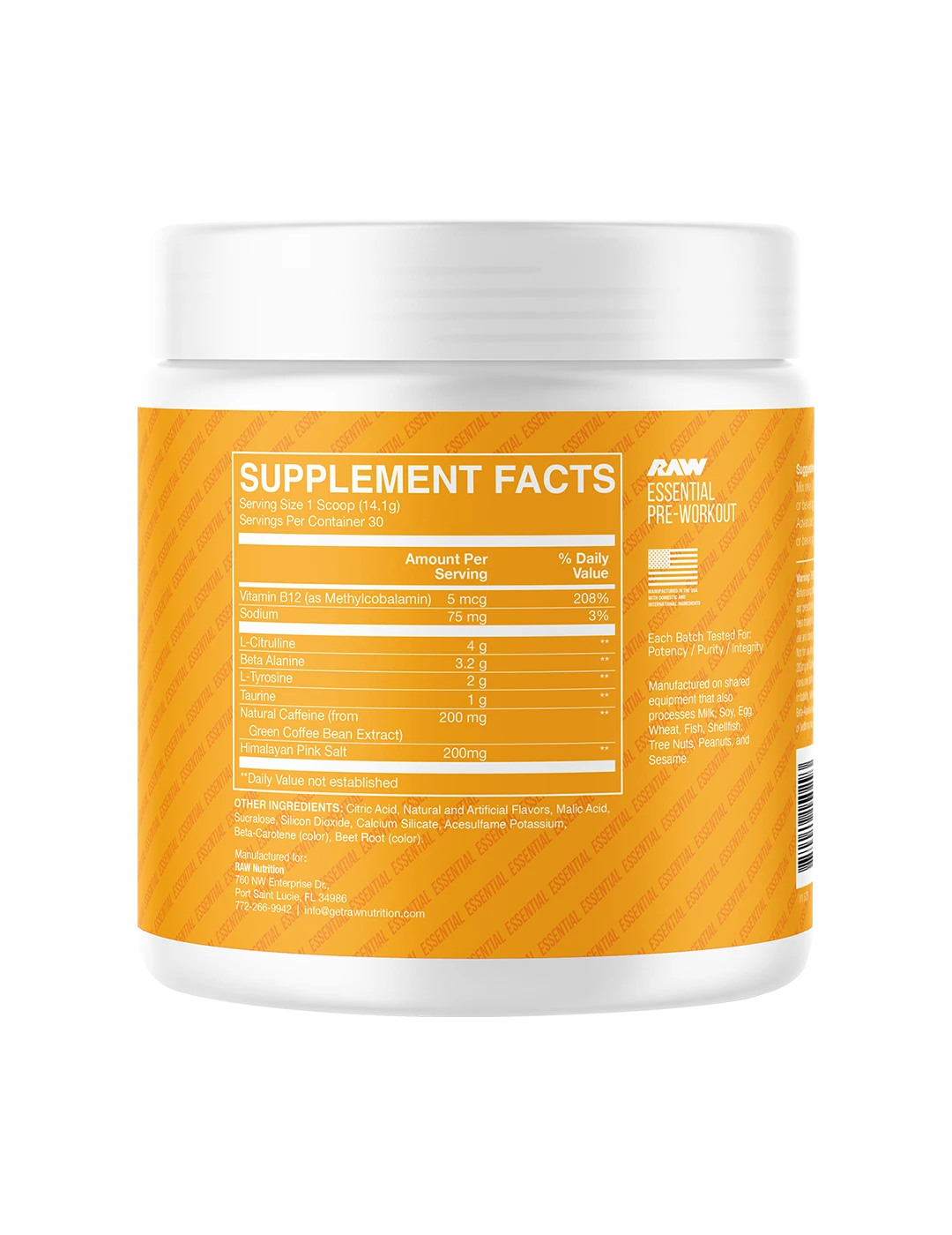 RAW Essential Pre-Workout Peach Mango supplement facts