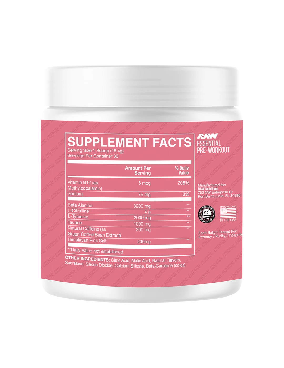 RAW Essential Pre-Workout Sour Watermelon supplement facts